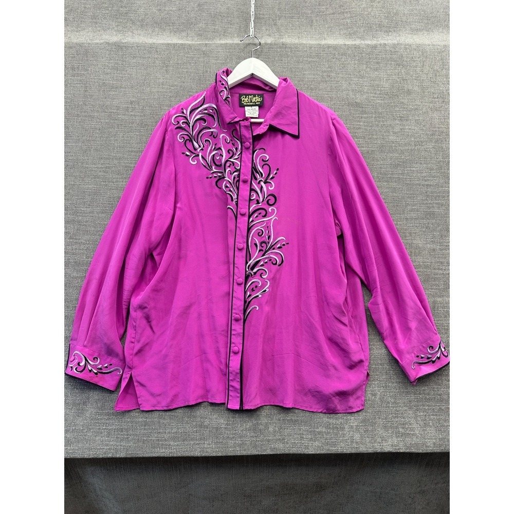 Bob Mackie Wearable Art Shirt Women 1X Pink Embroidered Floral Silk Button Front